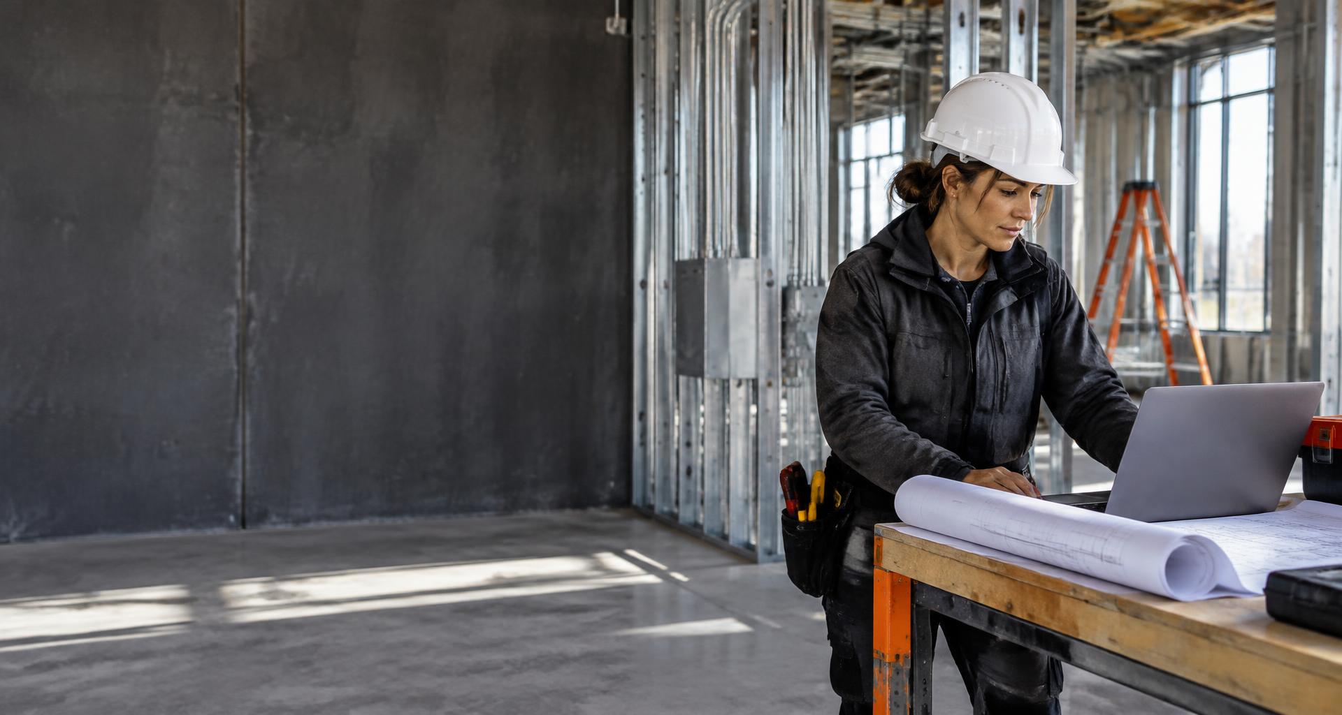 Electrical contractor reviewing project paperwork at a commercial construction site